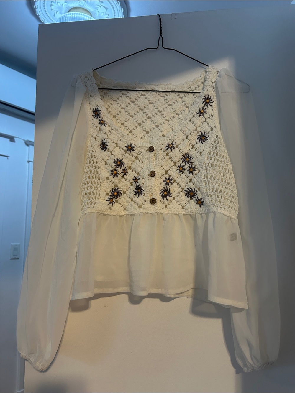SHEIN White Crochet Peasant Blouse with Embroidered Flowers